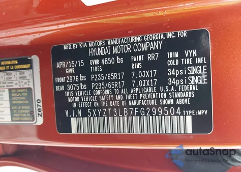 2015 Hyundai Santa Fe Sport 2.4L из США, поврежденный, VIN 5XYZT3LB7FG299504